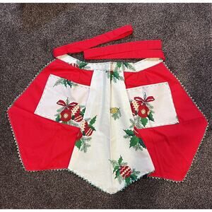 Vintage Christmas Half-Apron MCM Holiday Hostess Bright Cheerful Santa Holly